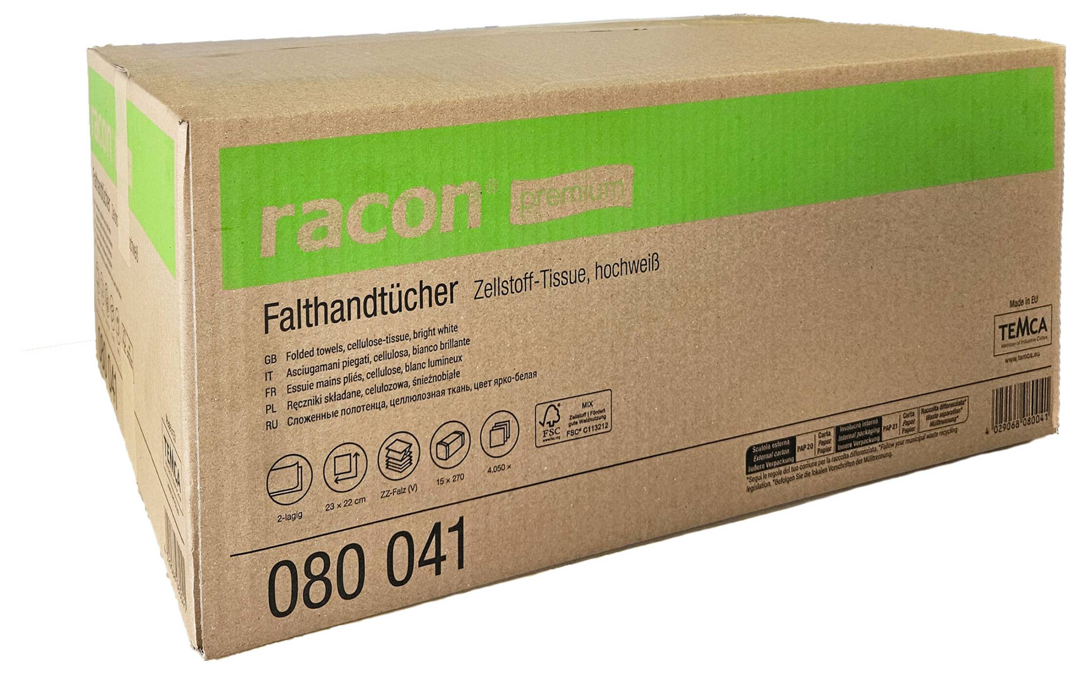 Boîte en carton de serviettes en papier premium Racon étiquetée « Falthandtücher », avec le code produit 080 041 et l'image de marque verte.