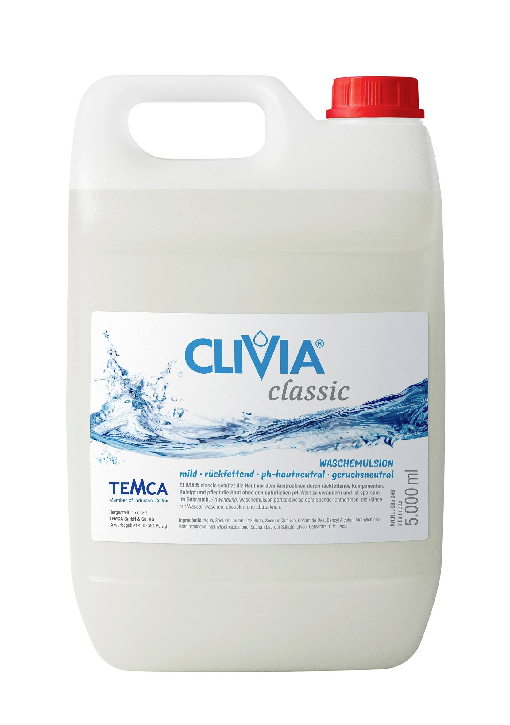 Conteneur de détergent blanc de 5 litres avec bouchon rouge et étiquette CLIVIA classic, affichant une éclaboussure d'eau bleue et du texte de produit de nettoyage.