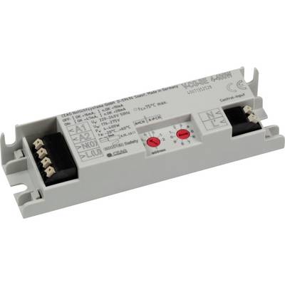 Transformateur ou pilote d'éclairage électronique blanc avec blocs de bornes, étiquettes de câblage imprimées et deux cadrans d'ajustement rouges sur un boîtier gris.