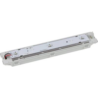 Module de lumière LED long dans un boîtier en plastique blanc avec des fils rouge et noir attachés à une extrémité.