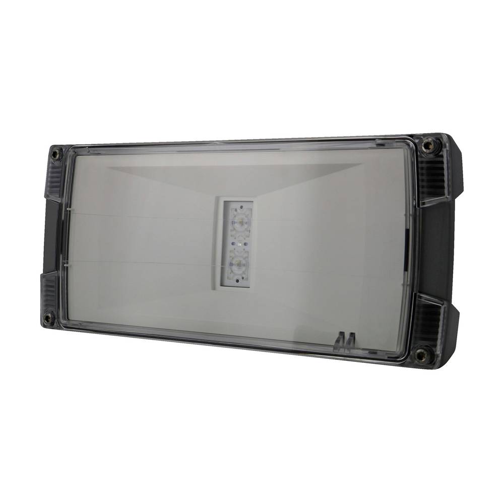 Appareil d'éclairage LED noir rectangulaire avec un panneau frontal transparent et un petit module LED centré à l'intérieur.