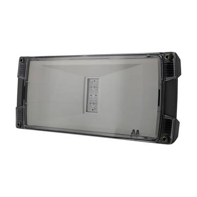 Appareil d'éclairage LED noir rectangulaire avec un panneau frontal transparent et un petit module LED centré à l'intérieur.