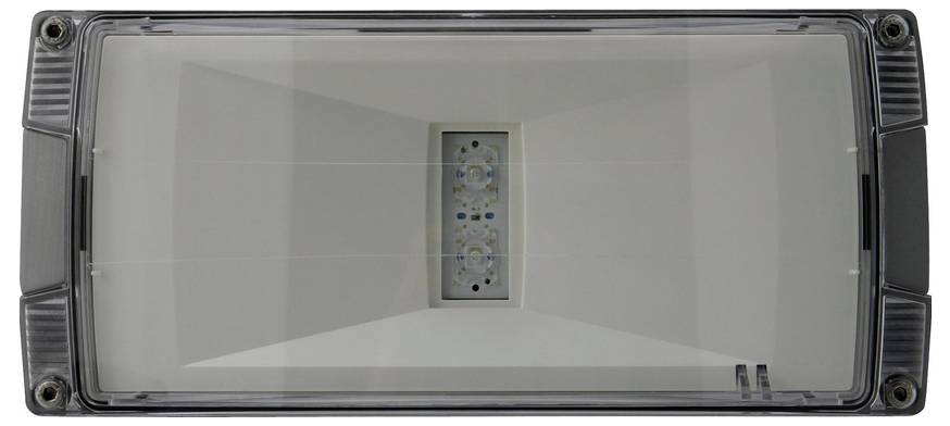 Luminaire d'éclairage extérieur rectangulaire avec lentille transparente et boîtier gris, montrant le module LED interne au centre.