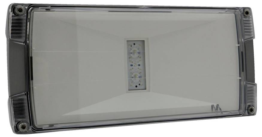 Appareil d'éclairage LED rectangulaire avec lentille transparente et boîtier noir, présenté en vue de face.