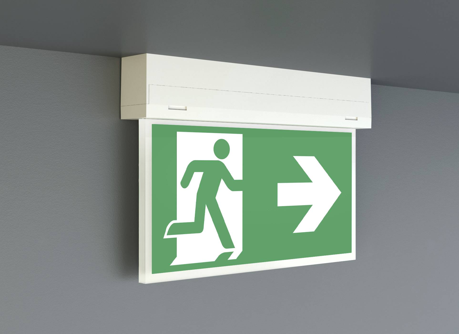 Panneau de sortie de secours illuminé avec silhouette de personnage qui court et flèche pointant vers la droite, indiquant l'itinéraire de sortie vers la droite.
