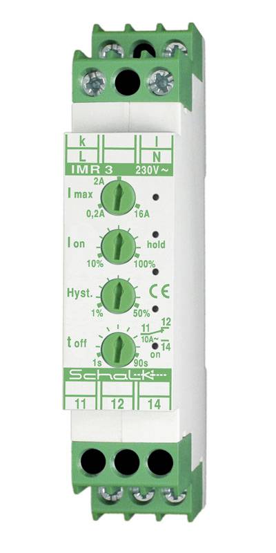 Module relais minuterie sur rail DIN vert et blanc étiqueté « IMR 3 230V~ » avec des cadrans de délai ajustables et des marquages de bornes.