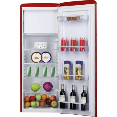 Ouvrir le réfrigérateur avec l'étagère supérieure vide, des œufs, des boissons, des produits frais et des bouteilles de vin stockés sur la porte et les étagères.
