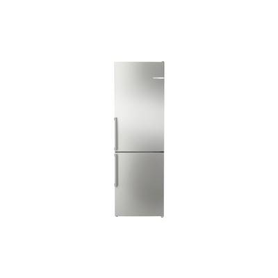 Un réfrigérateur congélateur en haut en acier inoxydable avec deux poignées verticales, montré en vue de face sur fond blanc.