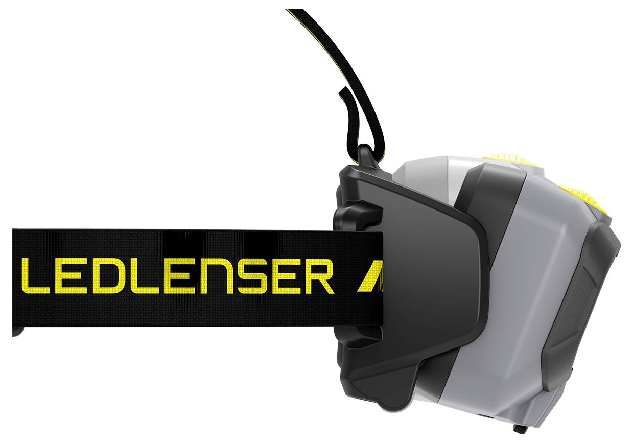 Lampe frontale Ledlenser avec sangle noire, présentée en vue de profil sur un fond blanc.
