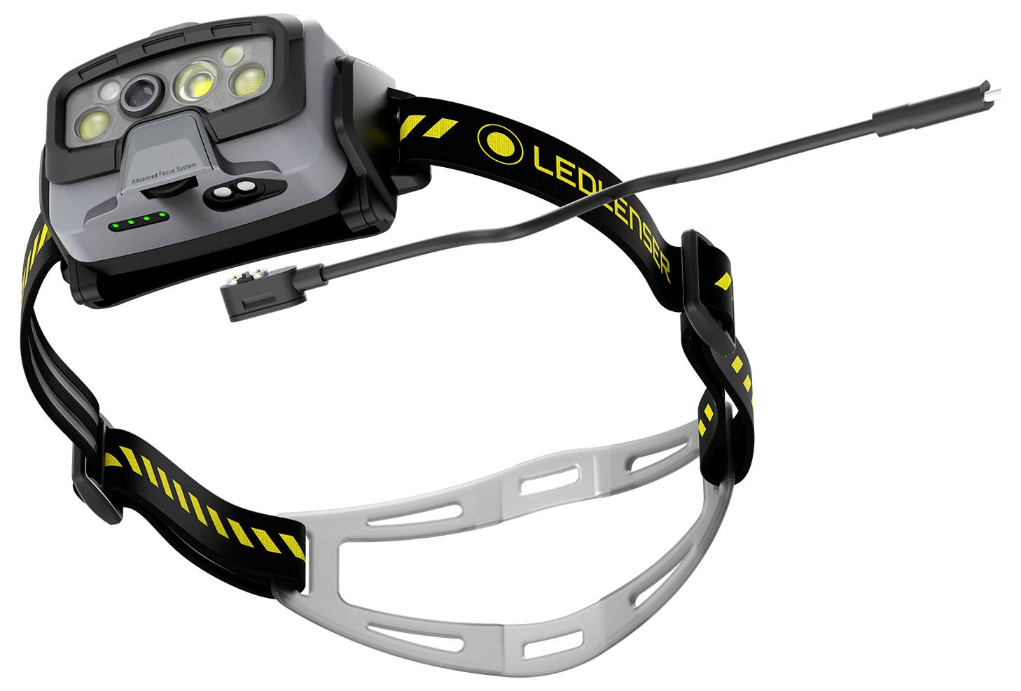 Lampe frontale LED noire et grise avec sangle ajustable et câble, présentée en vue de face et de profil sur fond blanc.