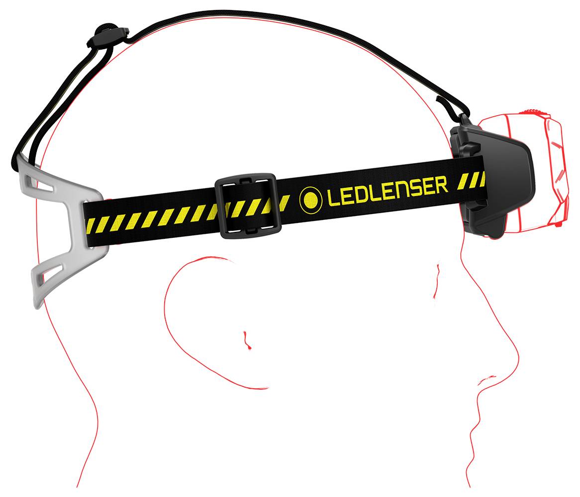 Lampe frontale noire LEDLENSER avec sangle ajustable et lumière frontale montée sur le profil de la tête d'une personne.