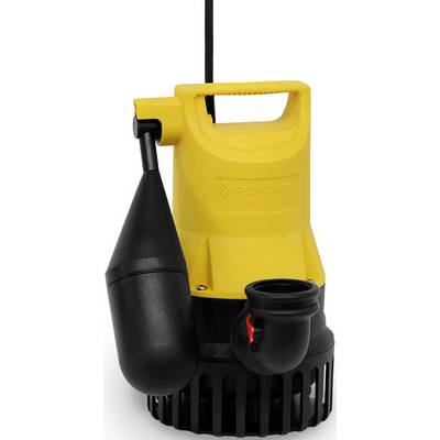 Pompe submersible jaune et noire avec interrupteur à flotteur, suspendue par un cordon d'alimentation sur fond blanc.