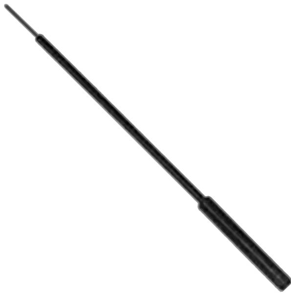 Antenne télescopique noire ou tige, présentée en diagonale sur fond blanc.
