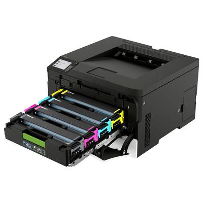 Imprimante laser noire avec bac à papier frontal étendu, montrant quatre cartouches de toner couleur à l'intérieur.