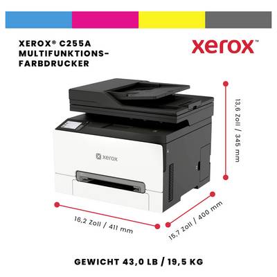 Imprimante multifonction couleur Xerox C255A présentée avec les dimensions 16,2 x 15,7 x 13,6 pouces et un poids de 43,0 lb/19,5 kg.