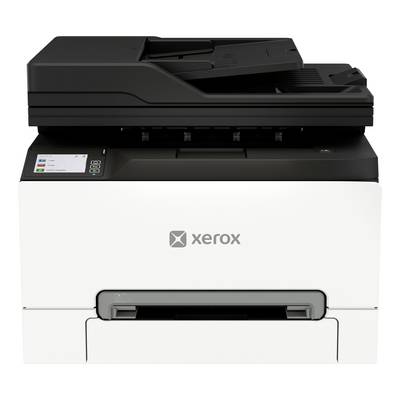 Vue de face d'une imprimante multifonction Xerox avec un dessus noir et un corps blanc sur un fond uni.