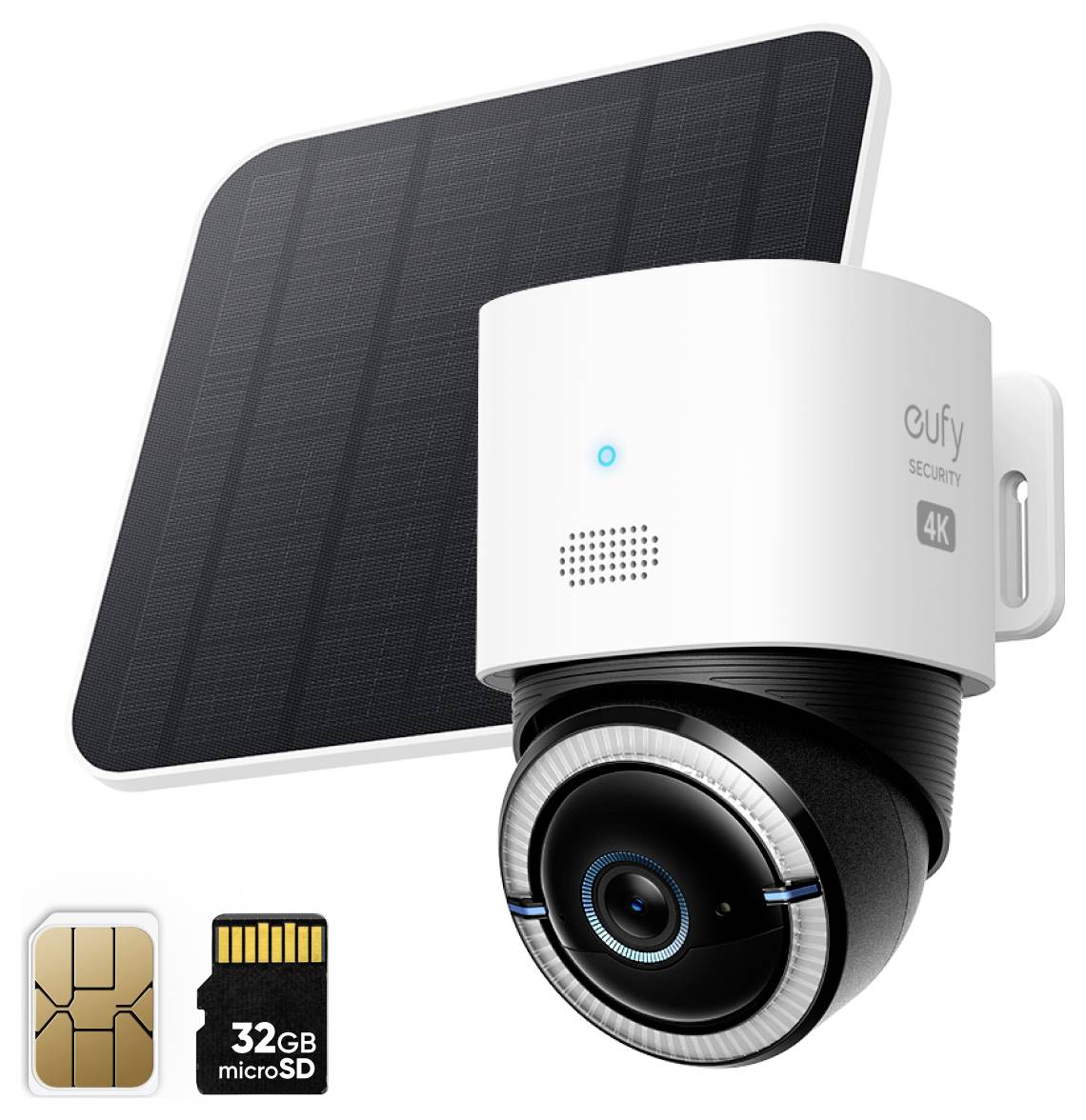 Caméra extérieure Eufy Security 4K avec panneau solaire, affichant la prise en charge de la carte microSD et le stockage de 32 Go.