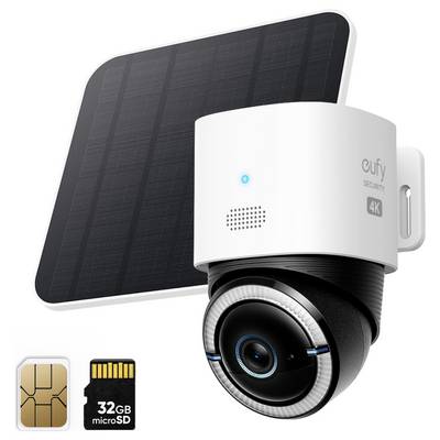 Caméra extérieure Eufy Security 4K avec panneau solaire, affichant la prise en charge de la carte microSD et le stockage de 32 Go.