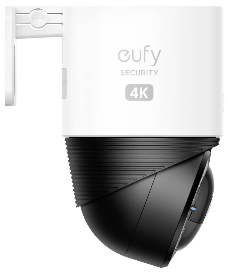 Caméra de sécurité extérieure Eufy Security 4K avec support de montage blanc et corps de dôme panoramique-inclinable noir.