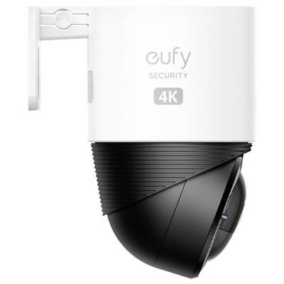 Caméra de sécurité extérieure Eufy Security 4K avec support de montage blanc et corps de dôme panoramique-inclinable noir.