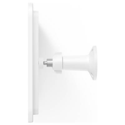 Vue latérale d'une caméra de sécurité murale blanche ou d'un capteur avec un corps cylindrique sur un support rectangulaire plat.