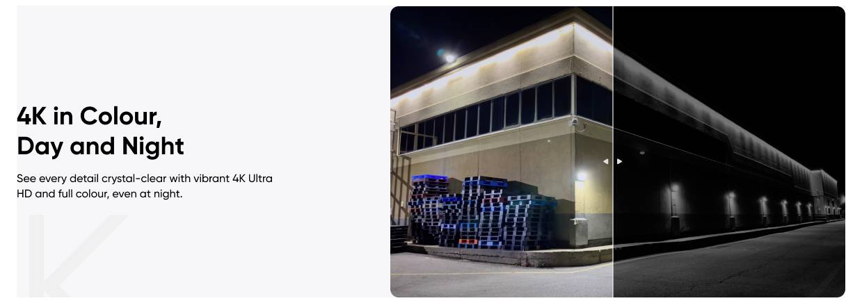 Graphique promotionnel pour la 4K en couleur, Jour et Nuit, montrant un bâtiment en lumière du jour et en conditions nocturnes pour mettre en évidence une visualisation claire et vibrante en 4K Ultra HD.