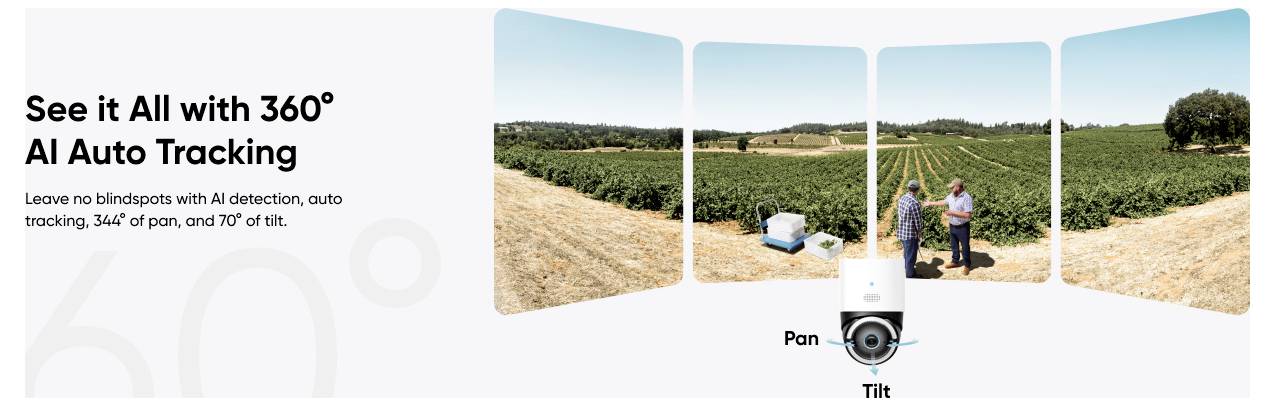 Graphique promotionnel pour « Voyez tout avec le suivi automatique IA 360° », montrant une caméra capable de faire un panoramique et une inclinaison pour suivre les sujets dans un vignoble avec un panoramique de 344° et une inclinaison de 70°.
