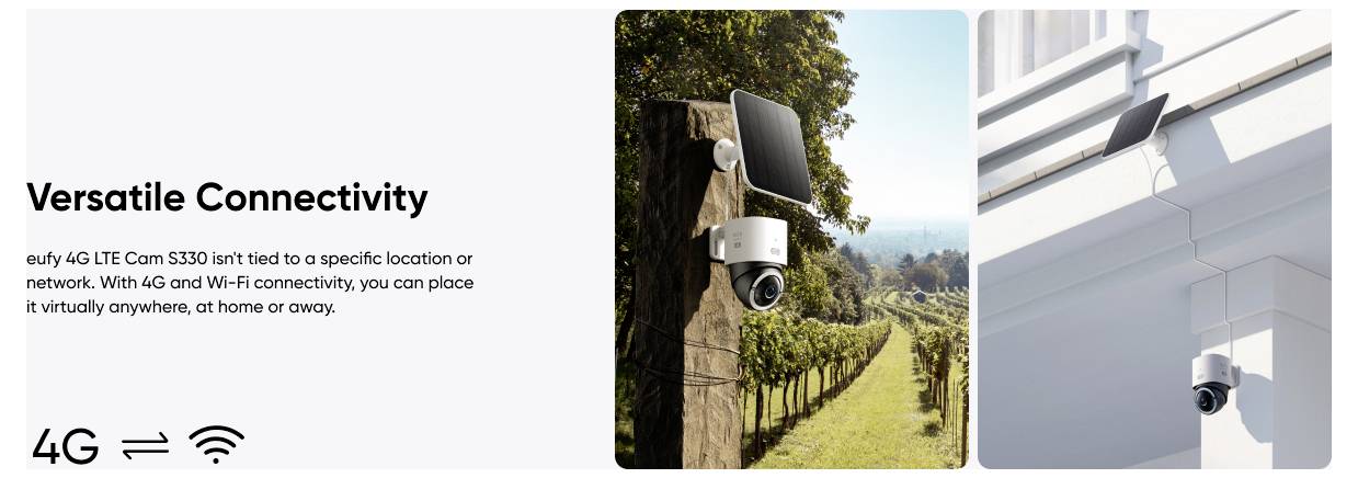 Graphique promotionnel pour une connectivité polyvalente : une caméra 4G/LTE avec Wi-Fi peut être montée presque n'importe où, illustrée sur une clôture et un mur de bâtiment.