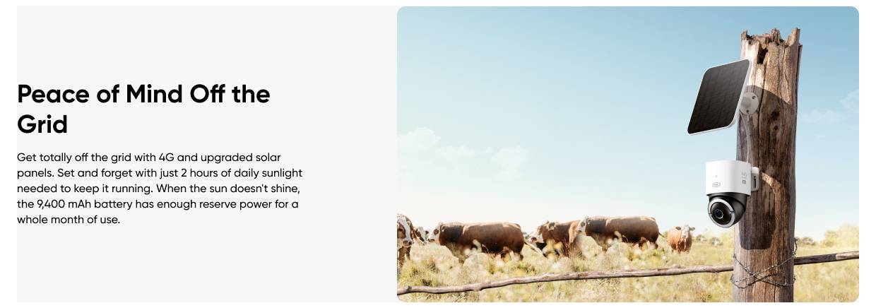 Bannière promotionnelle pour « Tranquillité d'esprit hors réseau » montrant une caméra hors réseau rurale alimentée par des panneaux solaires sur un poteau en bois avec du bétail en arrière-plan.