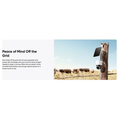 Bannière promotionnelle pour « Tranquillité d'esprit hors réseau » montrant une caméra hors réseau rurale alimentée par des panneaux solaires sur un poteau en bois avec du bétail en arrière-plan.