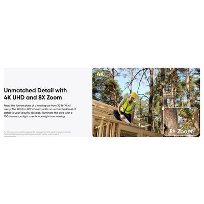 Bannière promotionnelle comparant 4K UHD et zoom 8X : texte sur la gauche, ouvrier sur une charpente de toit en bois avec encadré zoomé sur la droite montrant le détail de l'écorce d'un arbre.