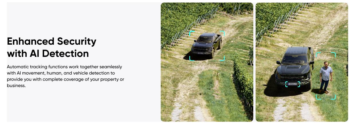 Graphique promotionnel pour « Sécurité Renforcée avec Détection IA » montrant un SUV noir dans un champ mis en évidence par des boîtes de suivi bleu-vert, illustrant la détection automatisée des véhicules et des humains.