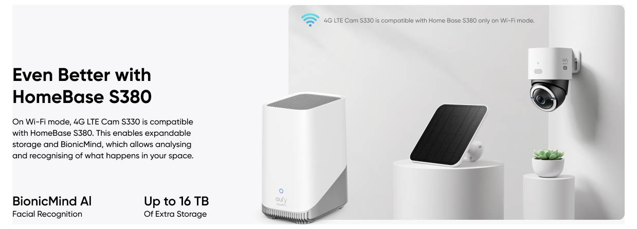 Image promotionnelle du concentrateur de stockage de sécurité HomeBase S380 avec caméra, mettant en évidence le Wi‑Fi 6, la reconnaissance faciale BionicMind AI, et jusqu'à 16 To de stockage supplémentaire.