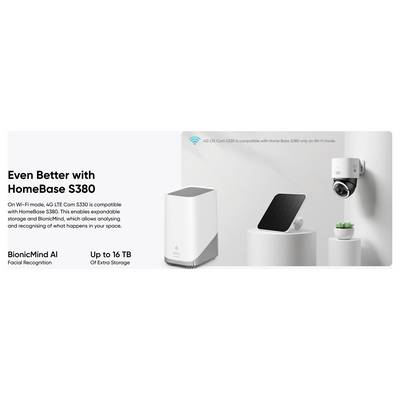 Image promotionnelle du concentrateur de stockage de sécurité HomeBase S380 avec caméra, mettant en évidence le Wi‑Fi 6, la reconnaissance faciale BionicMind AI, et jusqu'à 16 To de stockage supplémentaire.