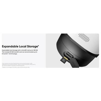 Graphique promotionnel pour stockage local extensible, montrant un appareil avec une carte microSD insérée ; le texte indique que le stockage peut s'étendre jusqu'à 128 Go et que la carte de 32 Go incluse peut contenir jusqu'à 8 mois de vidéo 4K.