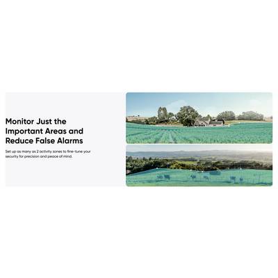 Graphique promotionnel pour la surveillance de sécurité montrant deux vues de caméra paysagères avec des zones de détection mises en évidence en bleu-vert et le texte « Surveillez uniquement les zones importantes et réduisez les fausses alarmes ».