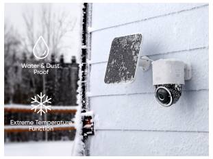 Caméra de sécurité extérieure sur un mur de maison dans la neige, avec des icônes/texte indiquant « Étanche à l'eau et à la poussière » et « Fonction température extrême ».