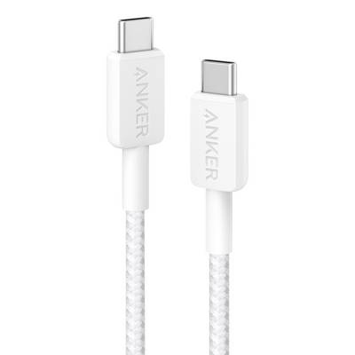 Deux connecteurs de câble Anker USB-C blancs présentés côte à côte, avec des câbles tressés blancs attachés.