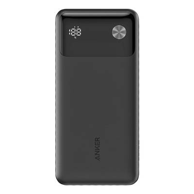 Banque d'alimentation portable Anker noire avec affichage numérique du pourcentage de batterie et bouton d'alimentation rond en haut à droite.