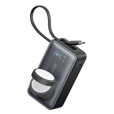 Banque d'énergie portable Anker avec prise CA intégrée, affichage numérique de la batterie et sangle de boucle attachée sur un fond blanc.