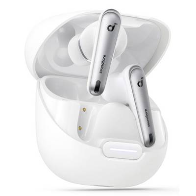 Écouteurs sans fil Soundcore blancs ouverts dans un étui de charge, avec deux écouteurs reposant à l'intérieur et un petit voyant d'état frontal.