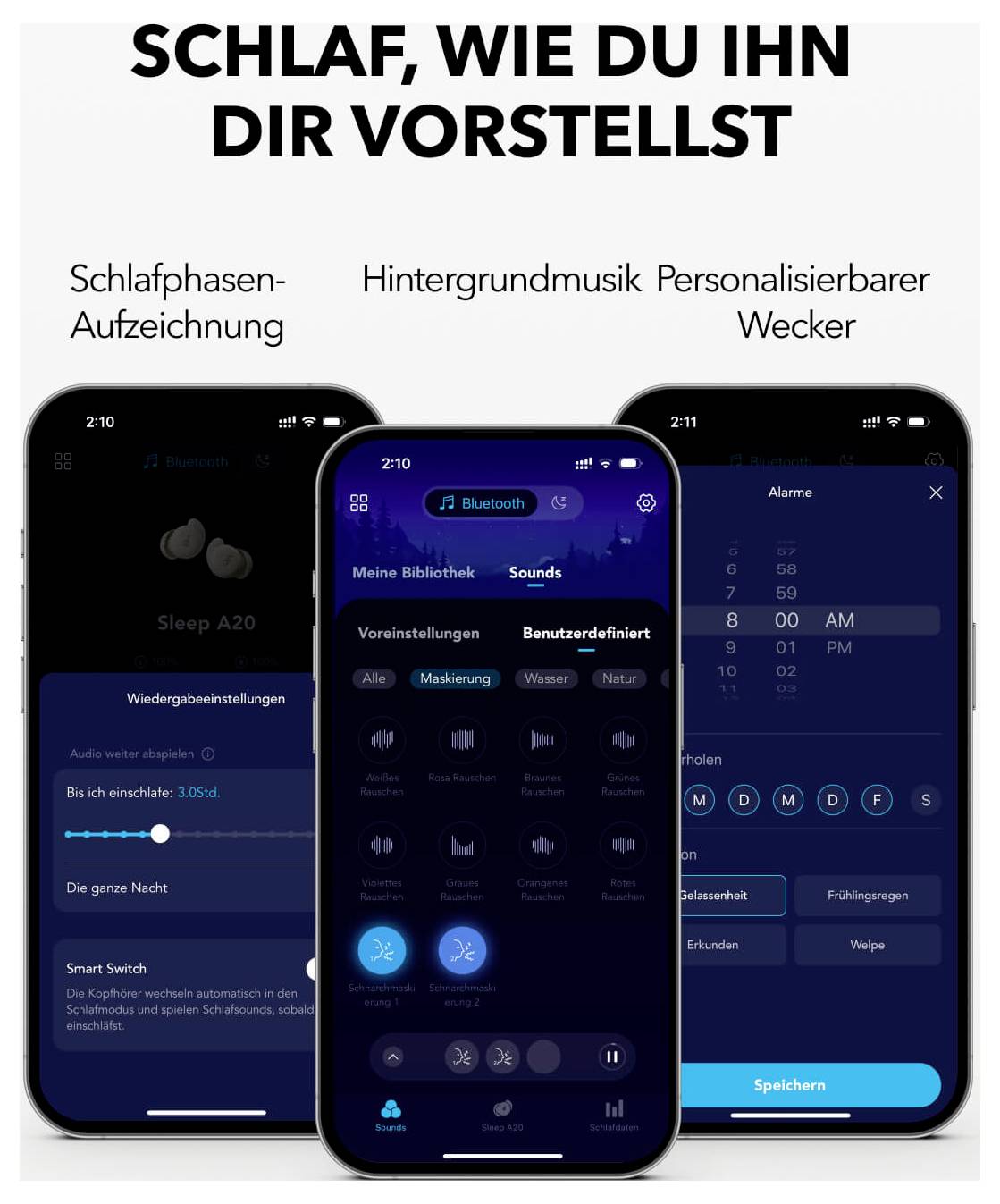 Graphique promotionnel allemand montrant trois écrans d'application de sommeil : suivi des phases de sommeil, musique d'ambiance et réveil personnalisable.