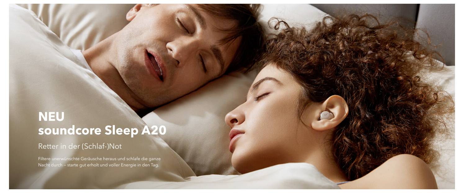 Image promotionnelle de deux personnes dormant l'une à côté de l'autre, avec le texte « NEU soundcore Sleep A20 » et « Sauveur en cas de détresse du sommeil ».
