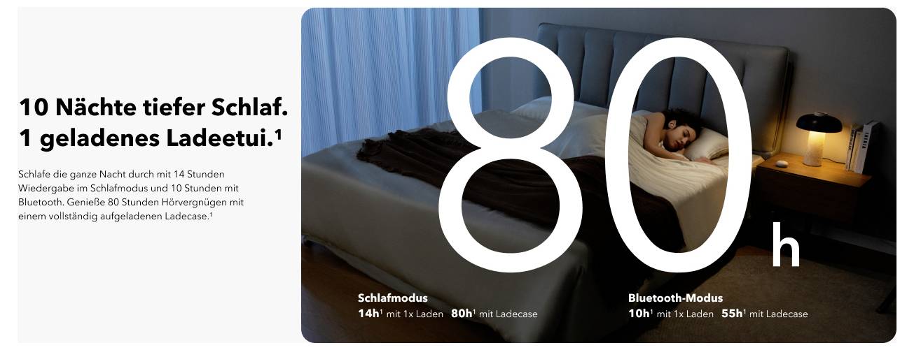 10 nuits de sommeil profond. 1 étui de charge chargé. 80 h