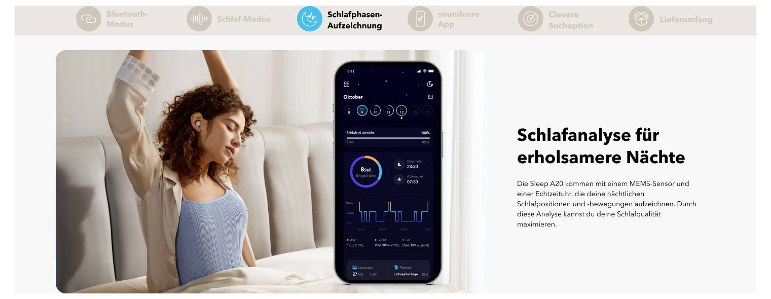 Graphique promotionnel pour Sleep Analyzer : une femme dort à côté d'un téléphone affichant l'application de suivi du sommeil, avec le titre « Analyse du sommeil pour des nuits plus réparatrices » et des icônes de fonctionnalités au-dessus.