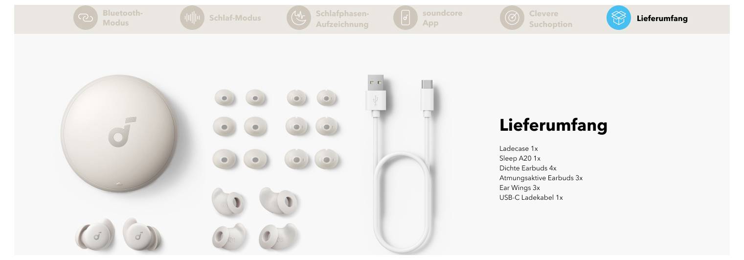 Infographie intitulée « Lieferumfang » présentant les articles inclus : Sense 20A, étui de recharge, écouteurs, embouts auriculaires, un câble de recharge USB-C et accessoires.