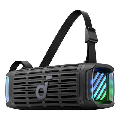 Enceinte Bluetooth portable noire avec sangle d'épaule et accents de calandre avant bleu-vert luminescents sur fond blanc.