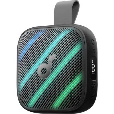 Enceinte Bluetooth portable noire avec sangle, grille perforée, bandes lumineuses bleu-vert et un petit écran latéral affichant « 10:01 ».