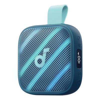Enceinte Bluetooth portable compacte teale avec une boucle en tissu et un affichage numérique sur le côté.