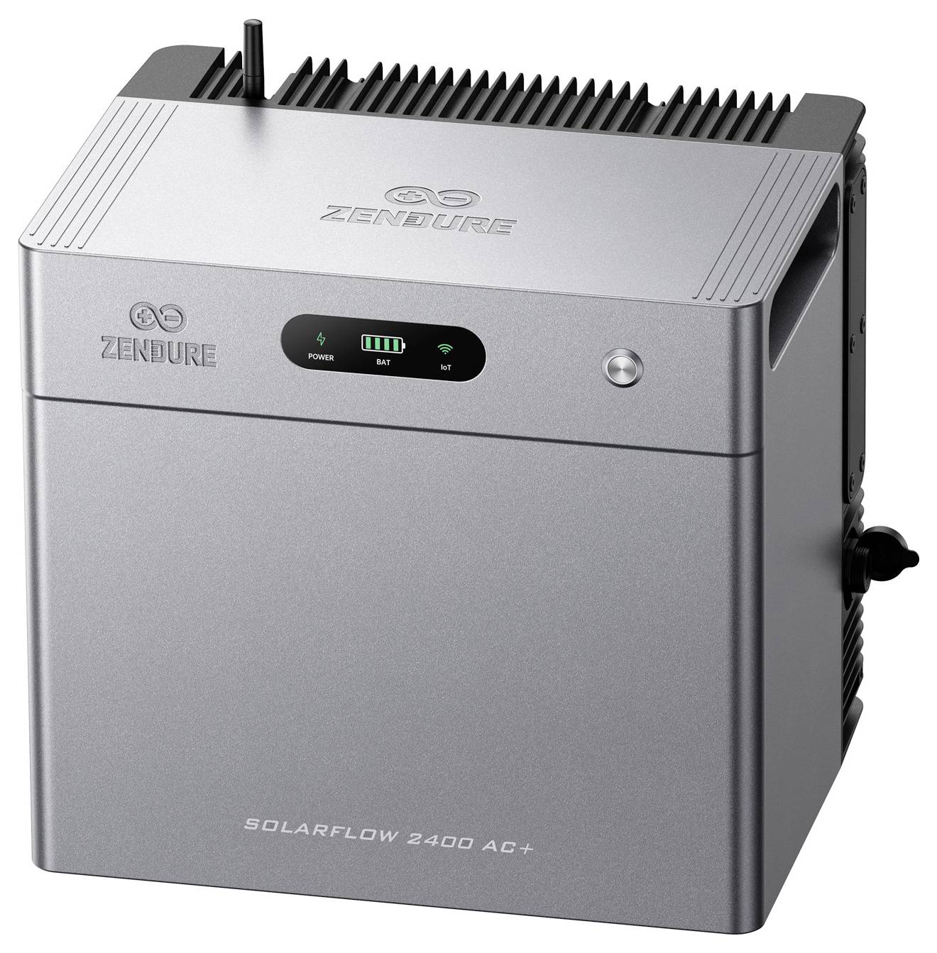 Unité de batterie domestique Silver Zendure SolarFlow 2400 AC+ avec évents supérieurs et affichage de statut frontal montrant les indicateurs de puissance, de batterie et de Wi‑Fi.